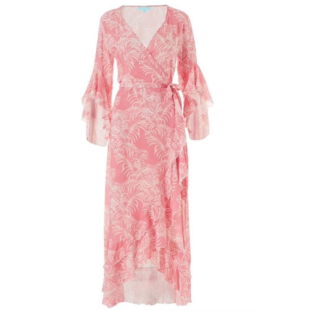 Melissa Odabash Cheryl Tropical Print Wrap Dress in Coral sz M